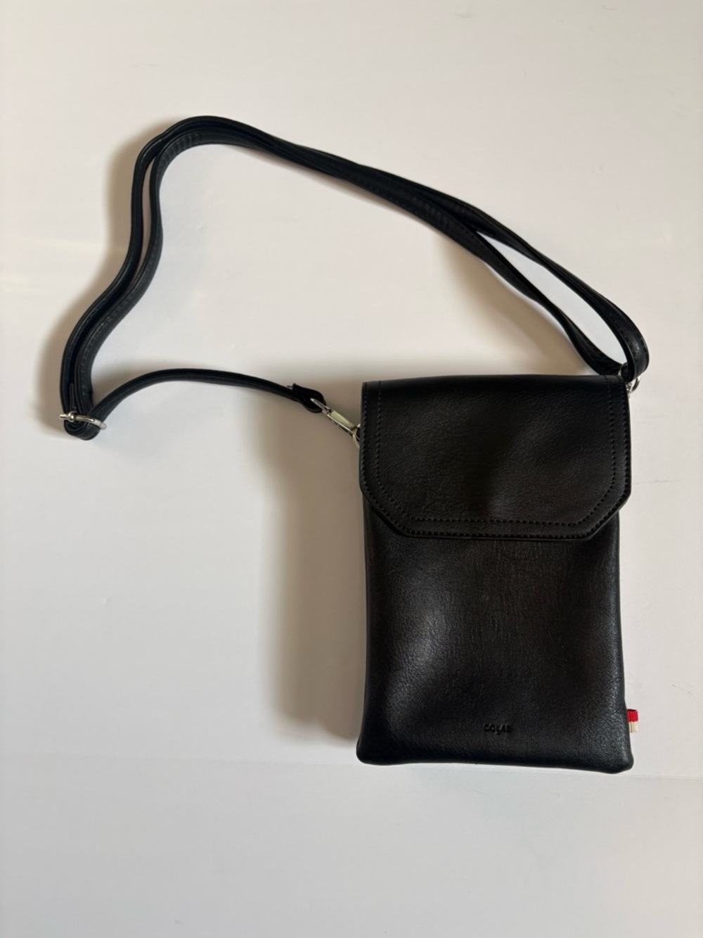 Colab Black Vegan Leather Crossbody bag with Flap. 3 compartments, card holder.